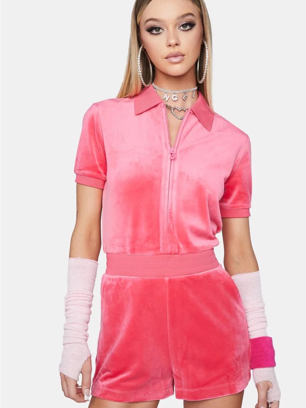 Juicy Couture Pink Velour Zipper-Front One-Piece Romper